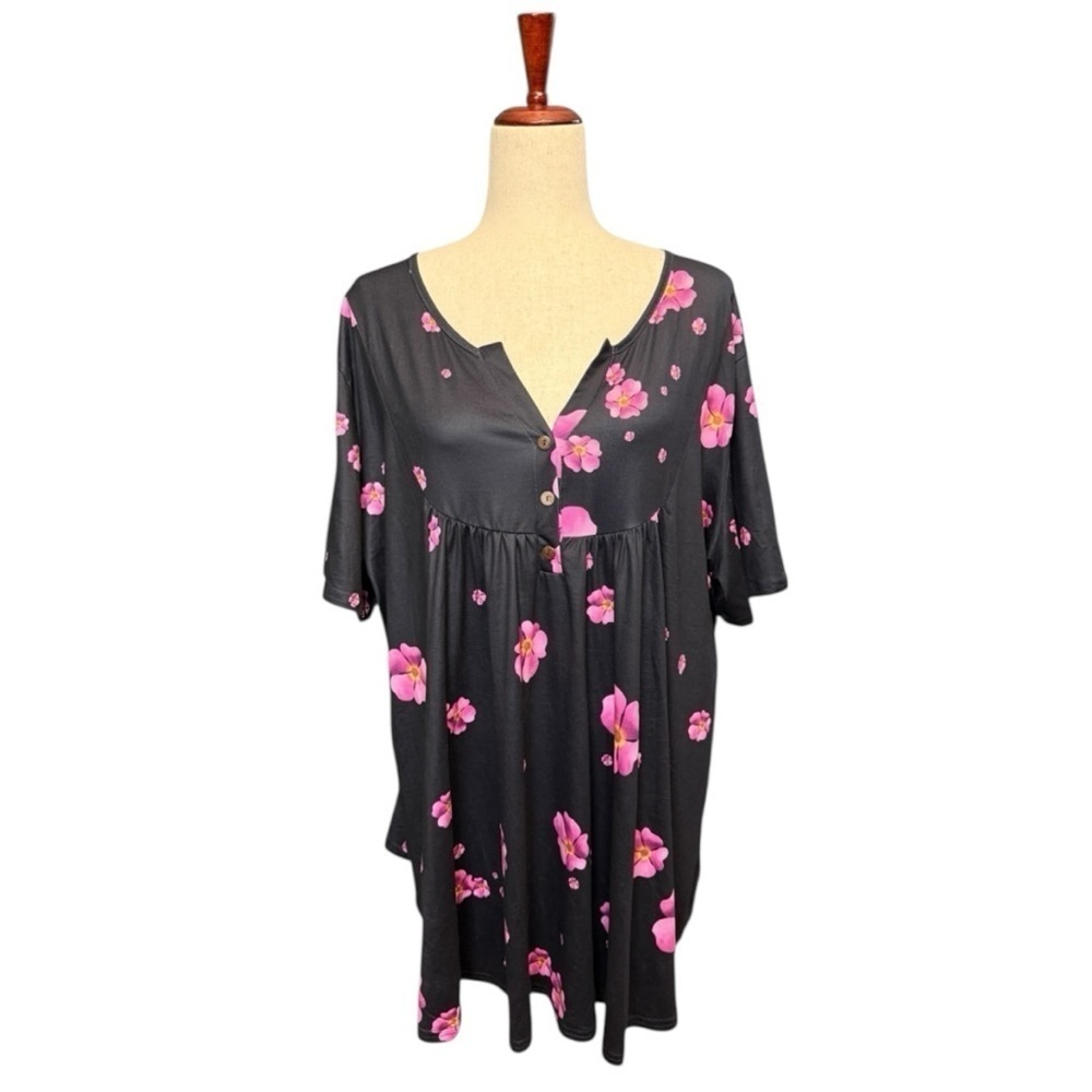 Women’s Plus Floral Short Sleeve Button Top V Smock Blouse. Black Pink 3X #1506 - Picture 1 of 6